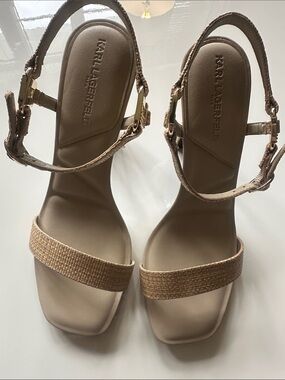 Karl Lagerfeld Tan Woven-Strap Stilettos